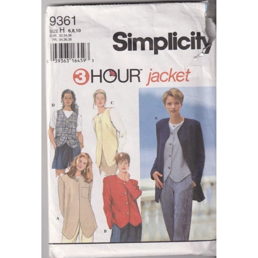 Vintage 1996 Simplicity 9361 Sewing Pattern Jacket Vests Uncut Size 6 8 10